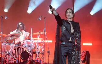 Italian glam rock band Maneskin (vocalist Damiano David, bassist Victoria De Angelis, guitarist Thomas Raggi and drummer Ethan Torchio) perform on stage during a concert at the Circus Maximus in Rome, Italy, 09 July 2022.
ANSA/CLAUDIO PERI