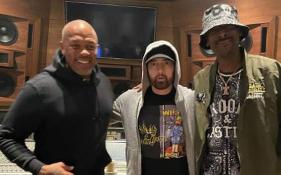 Eminem, in the recording studio with Snoop Dogg and Dr. Dre