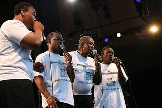 NEW YORK - JUNE 26:  Gospel vocal group The Dixie Hummingbirds  perform at the 30th Celebrate Brooklyn summer season at the Prospect Park Bandshell on June 26, 2008 in New York City.  (L tor: Cornell McKnight; Carlton Lewis; William Bright; Torrey Nettles).  (Photo by Al Pereira/WireImage)