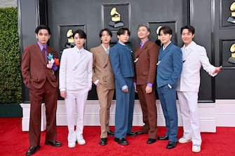 LAS VEGAS, NEVADA - APRIL 03: (LR) V, Suga, Jin, Jungkook, RM, Jimin and J-Hope of BTS attends the 64th Annual GRAMMY Awards at MGM Grand Garden Arena on April 03, 2022 in Las Vegas, Nevada.  (Photo by Axelle / Bauer-Griffin / FilmMagic)