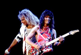 David Lee Roth and Eddie Van Halen of Van Halen at the US Festival on 5/29/83 in Ontario, CA.   (Photo by Paul Natkin/WireImage)