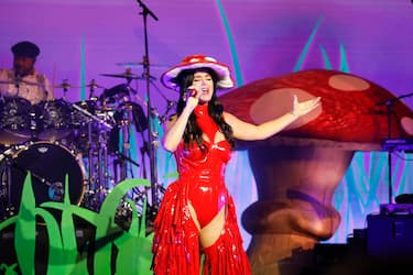 REYKJAVIK, ICELAND - AUGUST 27: Global Pop Superstar and godmother to Norwegian Prima, Katy Perry, performs at the shipâ  s christening ceremony in Reykjavik, Iceland to commemorate her first voyage on August 27, 2022. (Photo by Tristan Fewings/Getty Images for Norwegian Cruise Line)