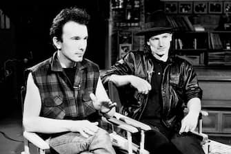 View of Irish Rock musicians the Edge (born David Evans) (left) and Bono (born Paul Hewson), both of the group U2, during an interview at MTV Studios, New York, New York, April 20, 1983. (Photo by Gary Gershoff/Getty Images)