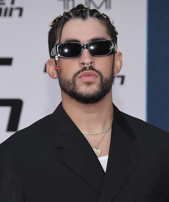 Bad Bunny arrives at the BULLET TRAIN Los Angeles Premiere held at the Regency Village Theater in Westwood, CA on Monday, ​August 1, 2022. (Photo By Sthanlee B. Mirador/Sipa USA)
