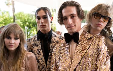 CANNES, FRANCE - MAY 25: Victoria De Angelis, Ethan Torchio , Damiano David and Thomas Raggi of Maneskin are seen at Hotel Martinez during the 75th annual Cannes film festival at  on May 25, 2022 in Cannes, France. (Photo by Jacopo Raule/GC Images)