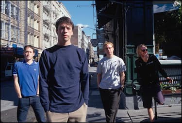 Foo Fighters, group portrait on West Broadway, New York 18 September 1999. L-R Chris Shiflett, Dave Grohl, Nate Mendel, Taylor Hawkins. (Photo by David Corio/Redferns)