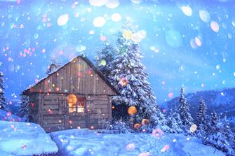Fantastic scene with snowy house in evening forest. Light in small window. Christmas holiday postcard collage. DOF bokeh light postprocessing effect