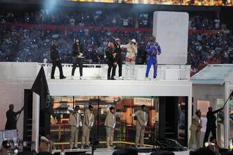 1409713016 INGLEWOOD, CALIFORNIA - FEBRUARY 13: Dr. Dre performs in the Pepsi Halftime Show during the NFL Super Bowl LVI football game between the Cincinnati Bengals and the Los Angeles Rams at SoFi Stadium on February 13, 2022 in Inglewood, California. (Photo by Cooper Neill/Getty Images)