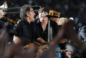 Musician Bruce Springsteen and guitarist Steven Van Zandt of the E Street Band perform at the Bridgestone halftime show during Super Bowl XLIII between the Arizona Cardinals and the Pittsburgh Steelers on February 1, 2009 at Raymond James Stadium in Tampa, Florida. (Photo by Jeff Kravitz/FilmMagic)