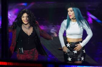 Singer-songwriter Giusy Ferreri and rapper Baby K (Claudia Nahum) performing at the final live show of series 10 of X Factor at Mediolanum Forum of Assago. Assago, Italy. 15th December 2016 (Photo by Marco Piraccini\Archivio Marco Piraccini\Mondadori via Getty Images)