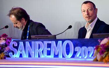 Sanremo Festival host and artistic director Amadeus (R) and Italian Rai 1 TV Director, Stefano Coletta (L), during a press conference at the 73rd Sanremo Italian Song Festival, in Sanremo, Italy, 09 February 2023. The music festival will run from 07 to 11 February 2023. ANSA/RICCARDO ANTIMIANI