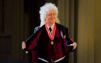 1248219907 LONDON, ENGLAND - MARCH 14: Sir Brian May after being made a Knight Bachelor for services to music and charity by King Charles III during an investiture ceremony at Buckingham Palace on March 14, 2023 in London, England. (Photo by Victoria Jones - WPA Pool/Getty Images)