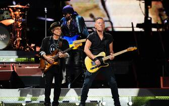 epa10597514 US musician Bruce Springsteen (R) performs on stage during his concert at the Olympic Stadium in Barcelona, ​​Spain, 28 April 2023. Springsteen will play two concerts in the city on 28 and 30 April.  EPA/Alejandro Garcia