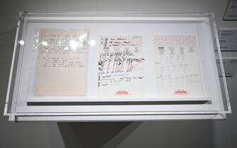 Lyric and music sheets 'We Are the Champions' written by Freddie Mercury on display, including clothes and jewelry worn by Mercury during Queen concerts, handwritten lyrics, personal items and art, to go up for auction in London this coming September.  (Photo by Anthony Behar/Sipa USA)