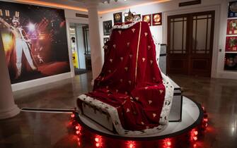A general view of Freddie Mercury's crown and accompanying cloak (est. £60,000 - £80,000) as part of a photocall for Sotheby's 'Freddie Mercury A World Of His Own' Exhibition which runs for four weeks and contains more than 1,400 lots from his London home - Sotheby's in London, England, UK on Thursday 3 August, 2023., Credit:Justin Ng / Avalon