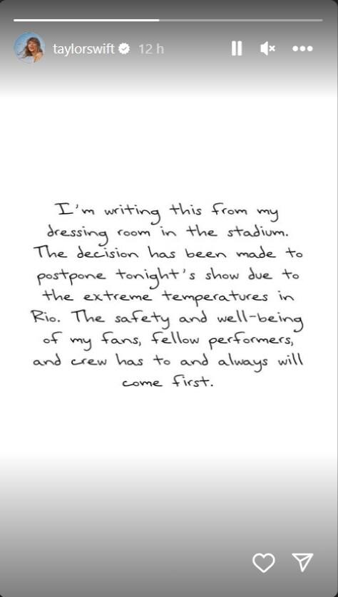 Il bigliettino condiviso su Instagram da Taylor Swift con l'annuncio del rinvio del concerto di Rio de Janeiro