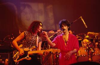 American musicians Steve Vai (left), on guitar, and Frank Zappa (1940 - 1993) perform on stage at the Palladium, New York, New York, October 31, 1981. (Photo by Gary Gershoff/Getty Images)