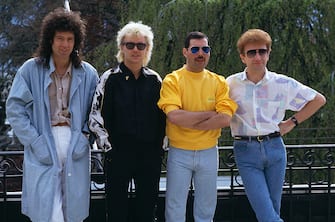 British rock group Queen at the Montreux Rock Festival in Switzerland, May 1986. Left to right: guitarist Brian May, drummer Roger Taylor, singer Freddie Mercury (1946 - 1991) and bassist John Deacon. (Photo by Dave Hogan/Getty Images)