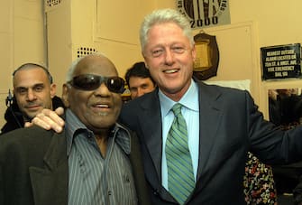 Ray Charles and former President Bill Clinton during "Willie Nelson and Friends: Live and Kickin'" Premiers on USA Network on May 26, 2003 - Rehearsal and Backstage at Beacon Theatre in New York City, New York, United States. (Photo by KMazur/WireImage)