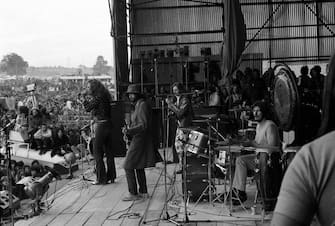 British rock group Led Zeppelin performing at the Bath Festival, Shepton Mallet, 28th June 1970. Left to right: singer Robert Plant,  guitarist Jimmy Page, bassist John Paul Jones and drummer John Bonham (1948 - 1980). (Photo by Michael Putland/Getty Images)