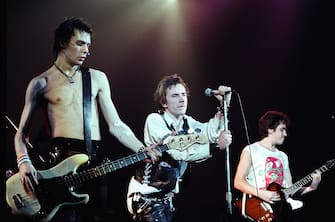 SAN FRANCISCO - 1978:  L-R Sid Vicious, Johnny Rotten and Steve Jones of The Sex Pistols perform live at The Winterland Ballroom in 1978 in San Francisco, California. (Photo by Richard McCaffrey/Michael Ochs Archive/Getty Images) 