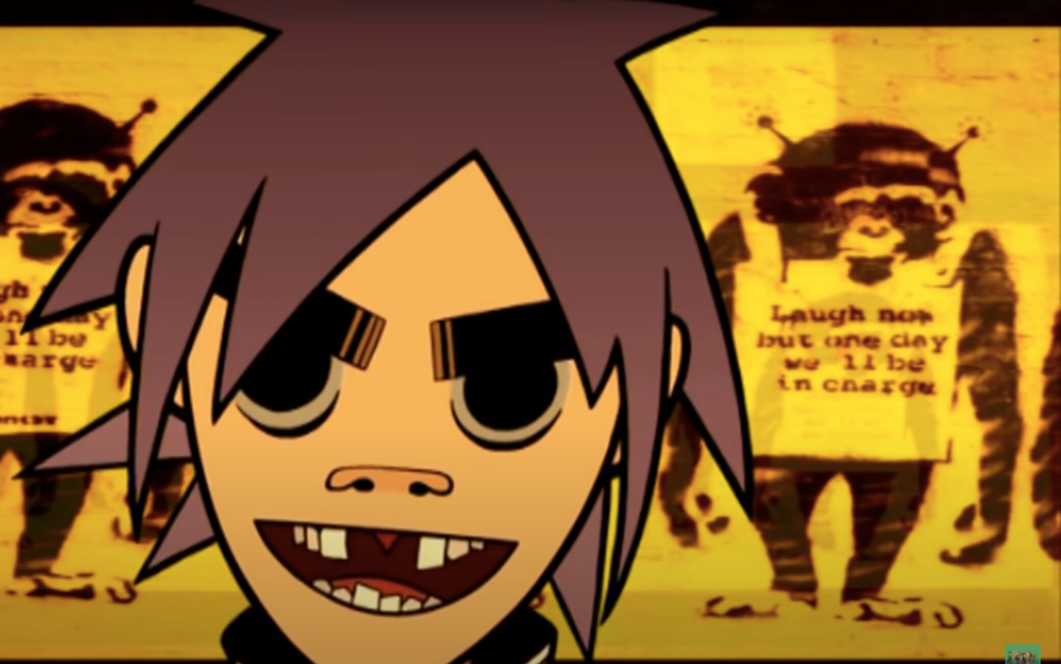 Il frame del video “Tomorrow Comes Today” dei Gorillaz in cui appare un'opera di Banksy (credit: YouTube) gorillaz laugh now