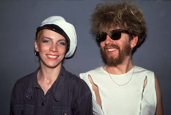 Backstage portrait of British musicians Annie Lennox (left) and David A. Stewart of the Eurthymics at the Park West, Chicago, Illinois, July 29, 1986. (Photo by Paul Natkin/Getty Images)