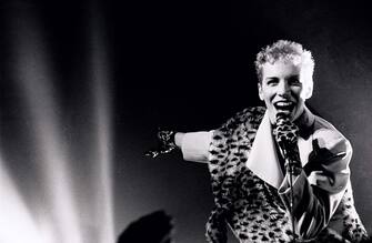 Scottish New Wave and Pop singer Annie Lennox, of the group Eurythmics, performs onstage at Capitol Theatre, Aberdeen, Scotland, 11/24/1983. (Photo by Steve Rapport/Getty Images)