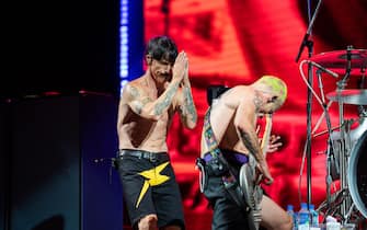 BARCELONA, CATALONIA, SPAIN - JUNE 07: Vocalist Anthony Kiedis (l) and electric bassist Flea (r) during a concert by rock band Red Hot Chili Peppers at Barcelona's Olympic Stadium on June 7, 2022, in Barcelona, Catalonia, Spain. The rock band from California, Red Hot Chili Peppers, presents its new album, 'Unlimited Love', the twelfth of its career at the start of a 32-city world tour of Europe and North America between June and September 2022. Their first concert of the tour in Spain has been in Seville where the band has gathered 56,000 people and has hung the sold out sign. (Photo By Pau Venteo/Europa Press via Getty Images)