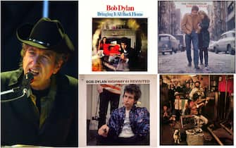 Una foto di Bob Dylan in concerto con alcune delle copertine più famose dei suoi dischi