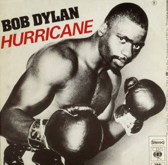 1975:  A view of the sleeve cover photograph of rock singer and songwriter Bob Dylan's 45 RPM single 'Hurricane,' showing boxer Rubin 'Hurricane' Carter in a fighting stance  (Photo by Blank Archives/Getty Images)