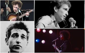Quattro diverse immagini di Bob Dylan, dagli esordi alla maturità