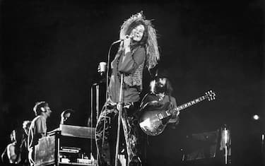 Janis Joplin and her final group, the Full Tilt Boogie Band, perform at the Festival for Peace at Shea Stadium.