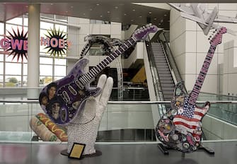 CLEVELAND, OH - 2009:  Large guitar sculptures adorn the lobby of the Rock and Roll Hall of Fame Museum building as seen in this 2009 Cleveland, Ohio, early morning city landscape photo. (Photo by George Rose/Getty Images)