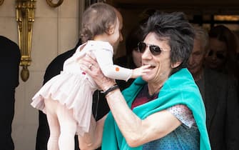 PARIS, FRANCE - OCTOBER 19:  'The Rolling Stones' rocker Ronnie Wood and his daughter Gracie Jane Wood are seen leaving the 'Four Seasons George V' hotel ahead the first Rolling Stones concert at U Arena on October 19, 2017 in Paris, France.  (Photo by Marc Piasecki/GC Images)