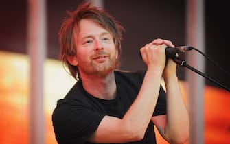 LONDON - JUNE 24:  Thom Yorke of Radiohead performs during their first night at Victoria Park, in support of the album 'In Rainbows', on June 24, 2008 in London, England. (Photo by Jim Dyson/Getty Images)