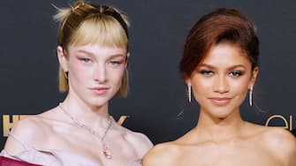 LOS ANGELES, CALIFORNIA - JANUARY 05: (L-R) Hunter Schafer, Zendaya, and Dominic Fike attend HBO's "Euphoria" Season 2 Photo Call at Goya Studios on January 05, 2022 in Los Angeles, California. (Photo by Jeff Kravitz/FilmMagic for HBO)
