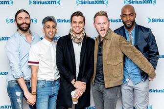 NEW YORK, NY - FEBRUARY 14:  Jonathan Van Ness, Tan France, Antoni Porowski, Bobby Berk and Karamo Brown visit SiriusXM to talk about the "Queer Eye for the Straight Guy" reboot at SiriusXM Studios on February 14, 2018 in New York City.  (Photo by Roy Rochlin/Getty Images)