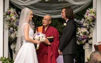 KIDDING (L-R): Judy Greer as Jill, Michael Yama as the Dalai Lama and Jim Carrey as Jeff Pickles in KIDDING, "The Cleanest Liver in Columbus, Ohio". Photo Credit: Nicole Wilder/SHOWTIME.