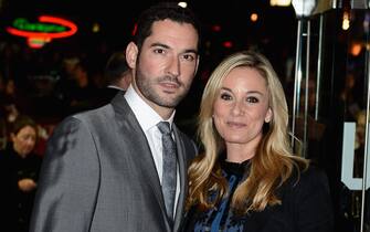 154526069 LONDON, ENGLAND - OCTOBER 21: Tamzin Outhwaite and husband Tom Ellis attend the Closing Night Gala of 'Great Expectations' during the 56th BFI London Film Festival at Odeon Leicester Square on October 21, 2012 in London, England. (Photo by Ian Gavan/Getty Images for BFI)
