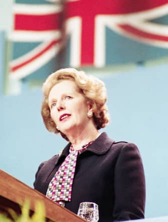 Prime Minister Thatcher gives her closing speech at the Conservative Party Conference following the IRA bombing of a Brighton hotel