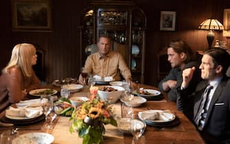 The Dutton family (from L to R - Kelly Reilly, Kevin Costner, Luke Grimes and Wes Bentley) debate at the dinner  table in Paramount Network's hit drama series "Yellowstone."  Episode 3 - "The Reek of Desperation" premieres on Wednesday, July 10 at 10 p.m., ET/PT on Paramount Network.