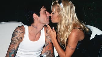 Tommy Lee and Pamela Anderson attend the Barb Wire Party during the 47th Annual Cannes Film Festival on May 20, 1994 in Cannes, France. (Photo by Stephane Cardinale/Sygma via Getty Images)