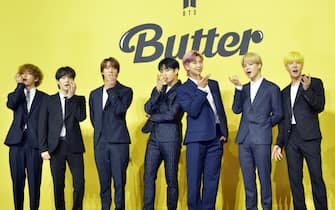 SEOUL, SOUTH KOREA - MAY 21: BTS attends a press conference for BTS's new digital single 'Butter' at Olympic Hall on May 21, 2021 in Seoul, South Korea. (Photo by The Chosunilbo JNS/Imazins via Getty Images)