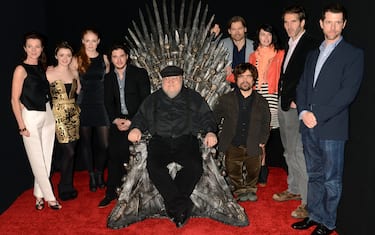 HOLLYWOOD, CA - MARCH 19:  Actress Michelle Fairley, actress Maisie Williams, actress Sophie Turner, actor Kit Harrington, writer George R.R. Martin, actor Peter Dinklage, actor Nikolaj Coster-Waldau, actress Lena Headey, creator David Benioff and creator D.B. Weiss attend the Academy of Television Arts & Sciences an evening with HBO's "Game Of Thrones" at TCL Chinese Theatre on March 19, 2013 in Hollywood, California.  (Photo by Jeff Kravitz/FilmMagic)