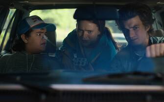 STRANGER THINGS. (L to R) Gaten Matarazzo as Dustin Henderson, Sadie Sink as Max Mayfield and Joe Keery as Steve Harrington in STRANGER THINGS. Cr. Courtesy of Netflix © 2022