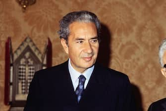 (Original Caption) Rome: Former Premier Aldo Moro (shown in 3/10/76) file photo, 61, Italy's most influential politician , was savagely kidnapped here and his five bodyguards shot to death by six Red Brigade terrorist's disguised as airline pilots. The kidnapping touched off huge demonstrations for law and order in Rome and other cities, and millions of workers walked off their jobs to protest the murders and the kidnapping and to demand an end to the violence which strikes in Italy on an average of every four hours and six minutes. Labor unions declared a 13-hour strike of protest.