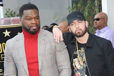 Hollywood, California - January 30: Curtis "50 cents" Jackson (left) and Eminem (right) attend a ceremony honoring Curtis "50 cents" Jackson with a star on the Hollywood Walk of Fame on January 30, 2020 in Hollywood, California.  (Photo by Albert L. Ortega/Getty Images)