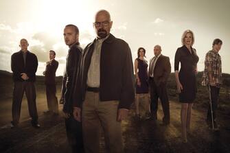(L-R) Mike (Jonathan Banks), Saul Goodman (Bob Odenkirk), Jesse Pinkman (Aaron Paul), Walter White (Bryan Cranston), Marie Schrader (Betsy Brandt), Hank Schrader (Dean Norris), Skyler White (Anna Gunn) and Walter White, Jr. (RJ Mitte) - Breaking Bad - Gallery - Photo Credit: Frank Ockenfels/AMC