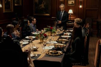 The Fall of the House of Usher.  (L to R) Paola Nuñez as Dr. Alessandra Ruiz, T'Nia Miller as Victorine LaFourcade, Kyliegh Curran as Lenore Usher, Crystal Balint as Morella Usher, Henry Thomas as Frederick Usher, Bruce Greenwood as Roderick Usher, Samantha Sloyan as Tamerlane Usher , Matt Biedel as Bill-T Wilson in episode 101 of The Fall of the House of Usher.  Cr.  Eike Schroter/Netflix © 2023